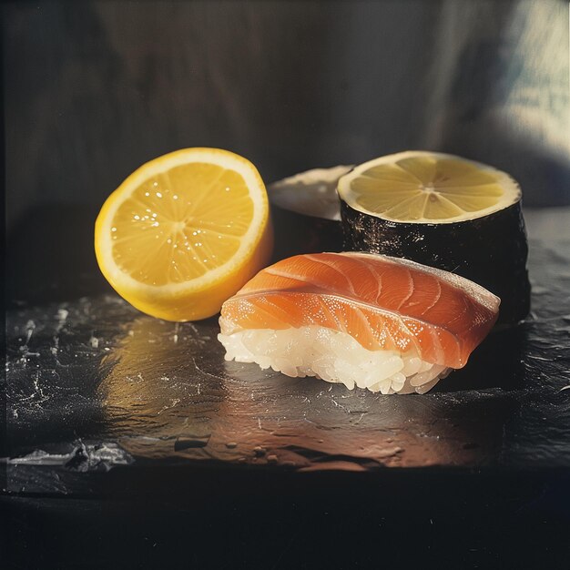 Photo a piece of sushi sits on a black table