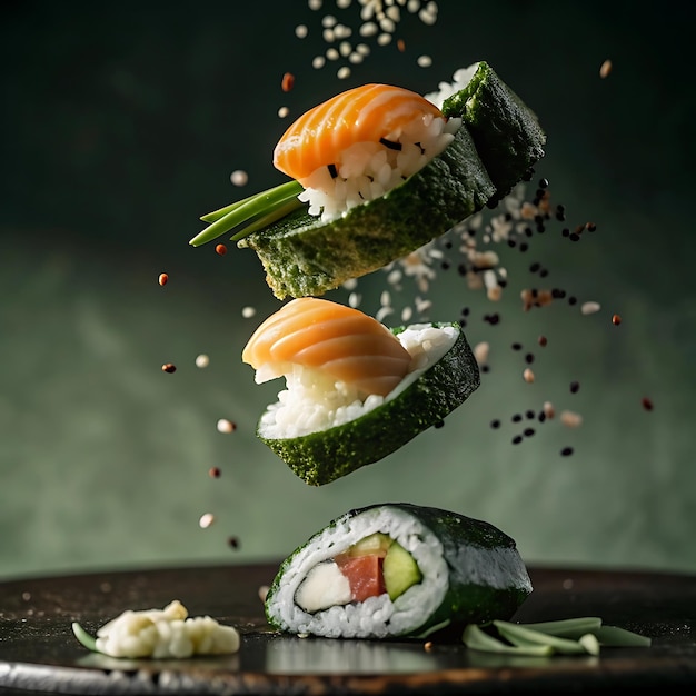 A piece of sushi with ingredients separating in the air