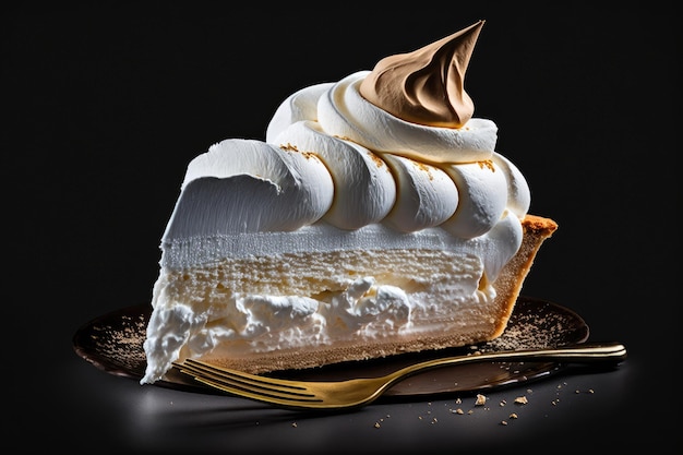 Piece of sweet meringue cake with marshmallow cream on dark background