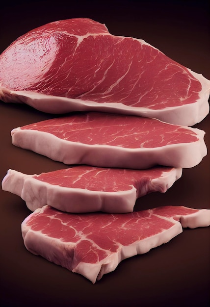 piece of synthetic meat, filleted pieces of animal meat to feed, created with Generative AI technology