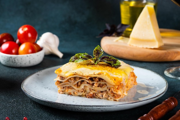 Piece of tasty hot lasagna on dark background. Traditional italian lasagna. Italian food. Close up lasagna. Bolognese sauce. Bechamel sauce. Still life of food. Homemade meat lasagna.