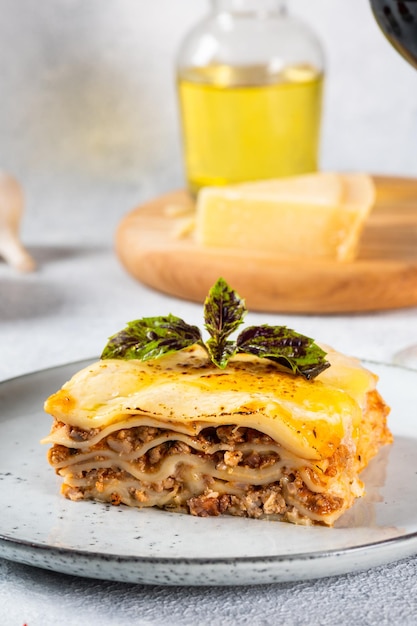 Piece of tasty hot lasagna on light background Traditional italian lasagna Italian food Close up lasagna Bolognese sauce Bechamel sauce Still life of food Homemade meat lasagna