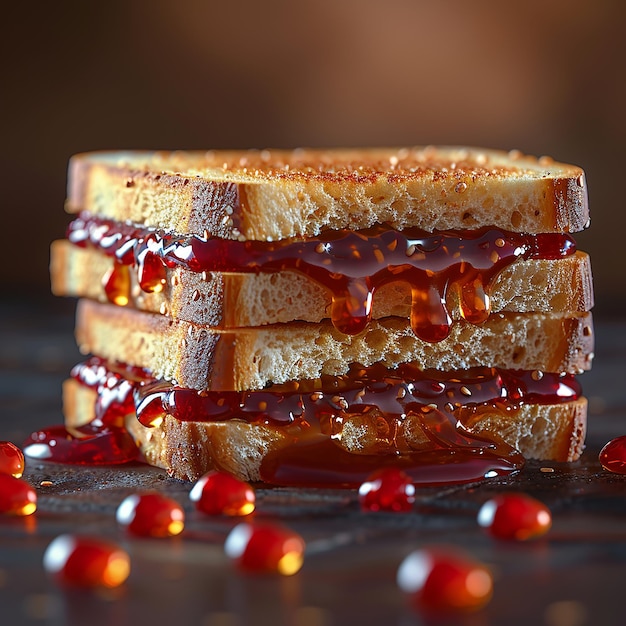 a piece of toast with jelly on it and a jelly filled glass