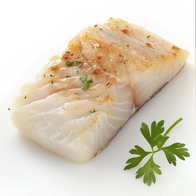 Photo a piece of white fish fillet with parsley on a white background