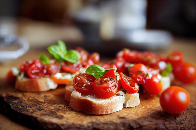 Pieces of bruschetta with white bread tomatoes and basil on table made of wood