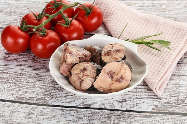 Pieces of canned tuna fish in the bowl