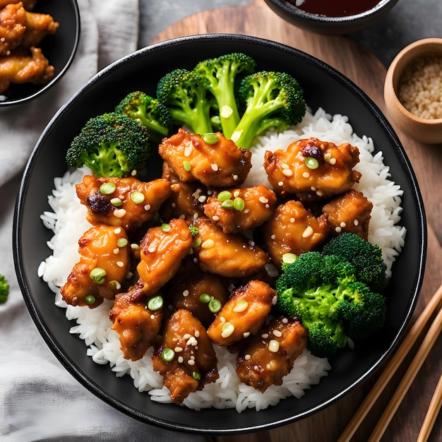 Pieces of chicken fillet with mushrooms stewed in tomato sauce with boiled broccoli and rice