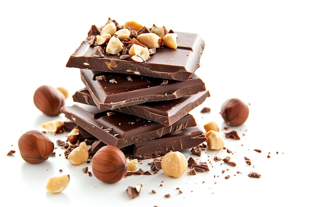 Pieces of chocolate bar with hazelnuts stacked on white background Pieces of tasty chocolate with hazelnuts on table closeup