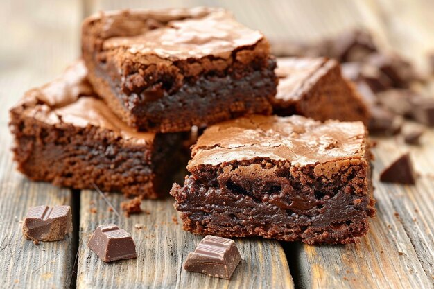 Pieces of chocolate brownies on the table