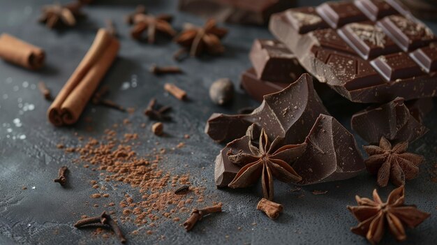 Pieces of chocolate cinnamon on a dark grey table July 11 is the day of chocolate generative ai