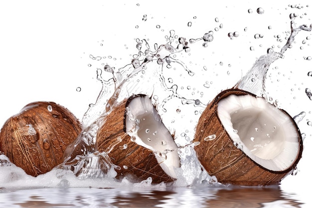 pieces of coconut fruit with water splash isolated white background