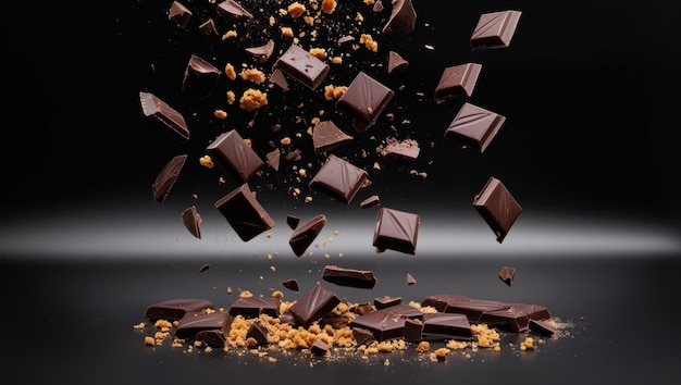 Photo pieces and crumbs of dark chocolate bars fall sprinkle a dark background