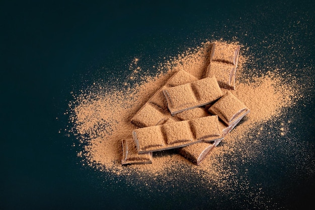 Pieces of dark chocolate and cocoa powder on a dark surface