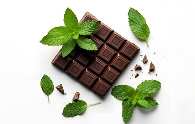 Pieces of dark chocolate with mint on white wooden table for food dessert design