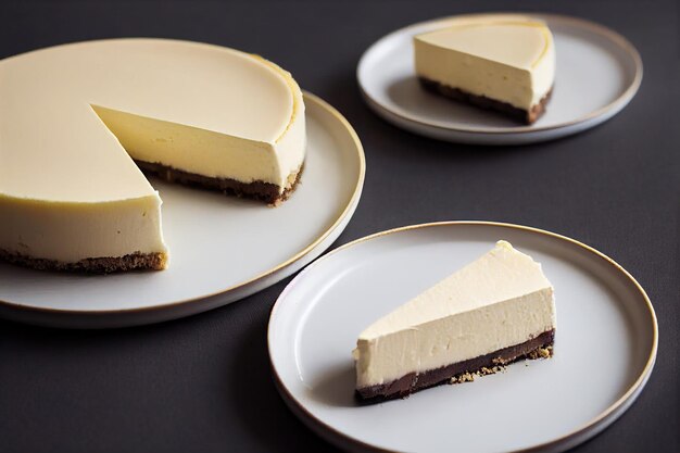 Photo pieces of delicate cream cheesecake on white plate