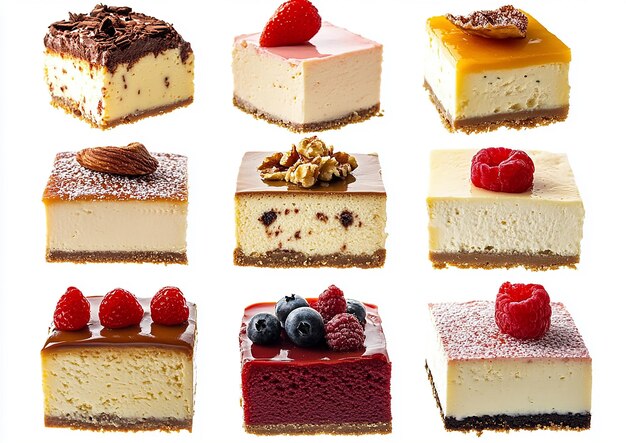 pieces of different types of cheesecakes white background