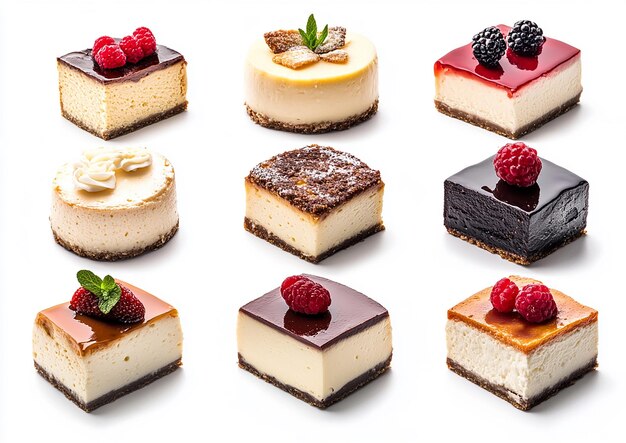 Photo pieces of different types of cheesecakes white background