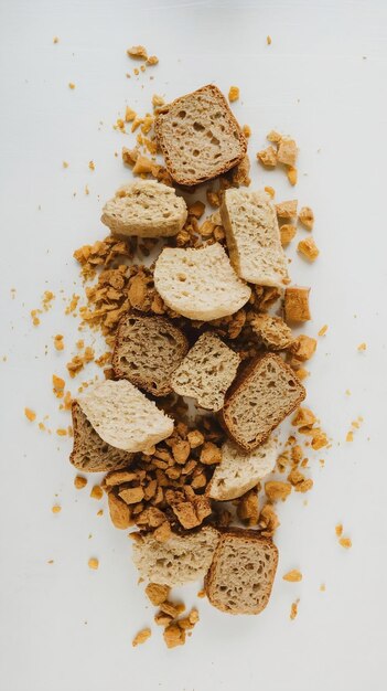 Photo pieces of dried bread and breadcrumbs isolated on white natural food ingredient