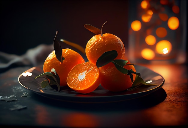 Pieces of fresh tangerines on a plate with leaves On a rustic dark background AI Generated