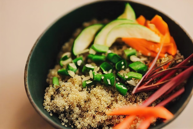 Pieces of healthy and nutritious avocado in fresh quinoa salad