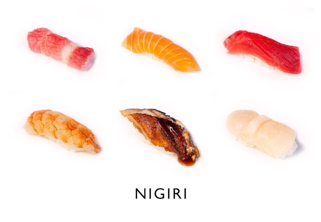 Pieces of nigiri different ways of cooking it with different foods traditional Japanese cuisine