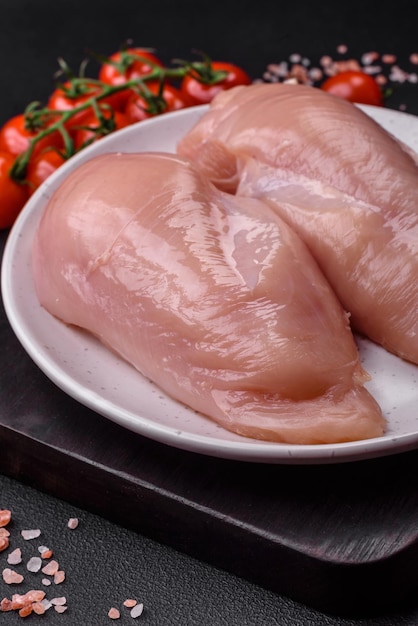 Pieces of raw chicken or turkey fillet with salt spices and herbs