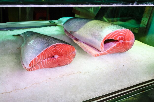 Pieces of salmon fish in fish market in Guangzhou