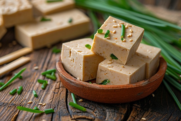 Pieces of tofu cheese in a clay bowl and wooden sticks on a wooden table