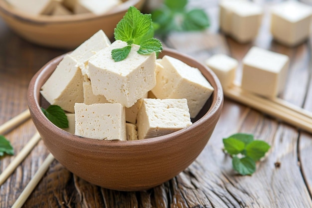 Pieces of tofu cheese in a clay bowl and wooden sticks on a wooden table