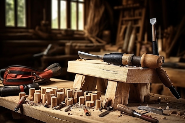 Pieces of wood and tools for construction and repair on a wooden table