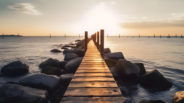 A pier on the beach with the sun setting behind it