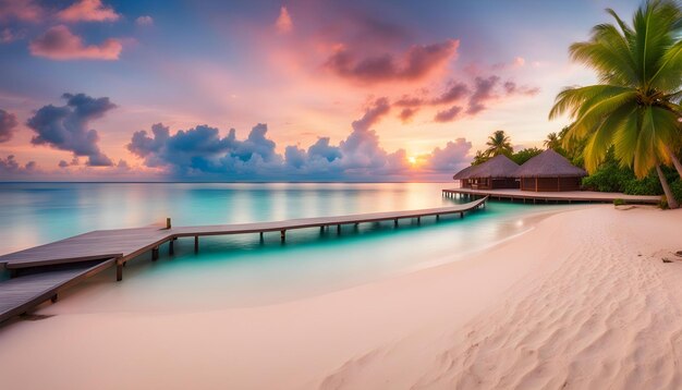 a pier on a beach with a sunset in the background