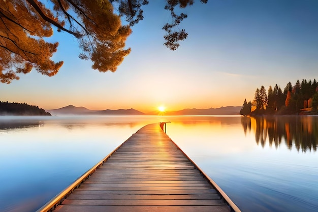 A pier on a lake with a sunset in the background