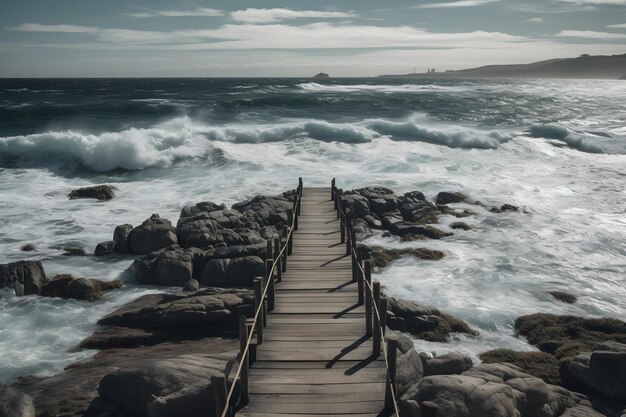 Pier Leading to the Ocean with Rocky Shoreline