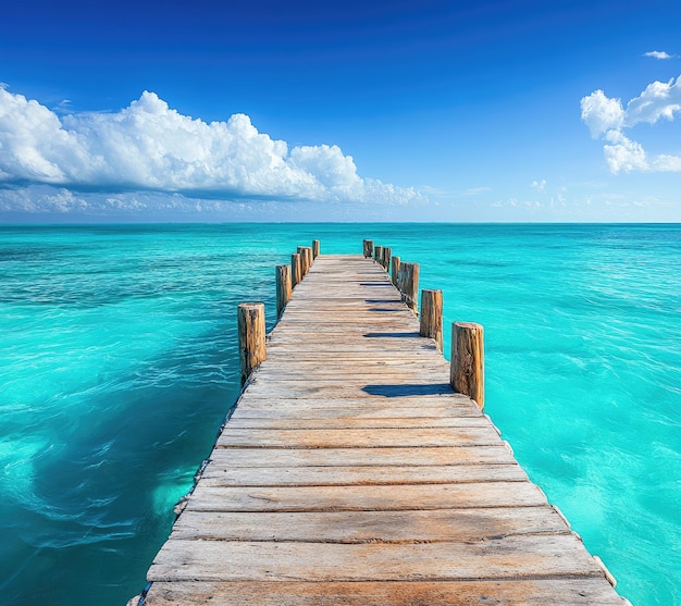 a pier with a blue sky and the ocean in the background