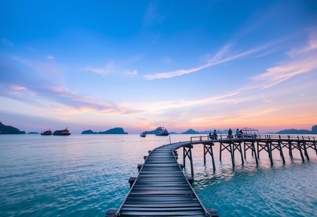 a pier with a boat in the background and people on the dock