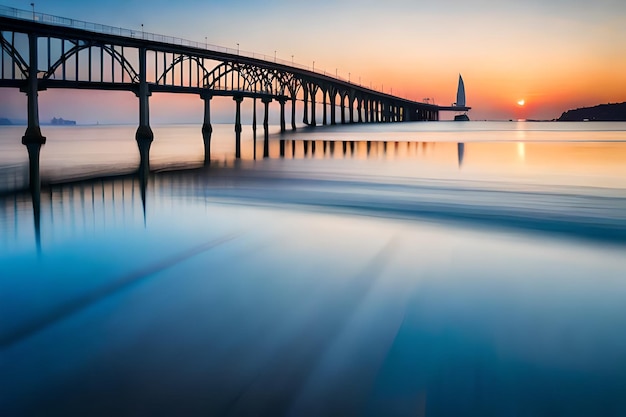 a pier with a bridge and a sailboat in the background