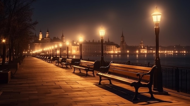 A pier with lights on the water and a bench with a sign that says'i love you '