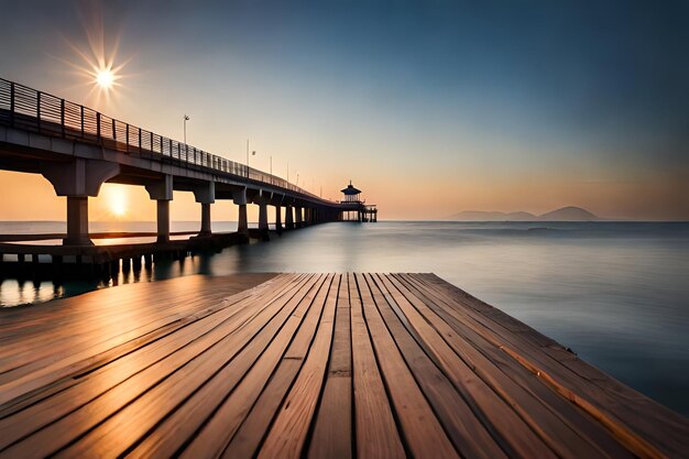 a pier with the sun setting behind it