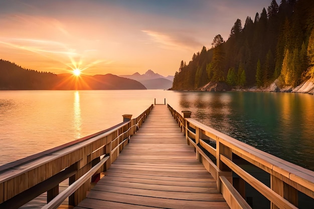 A pier with the sun setting over the water