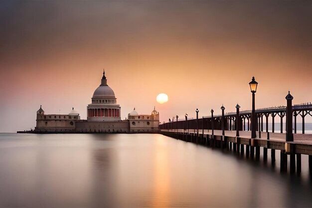 a pier with a sunset in the background