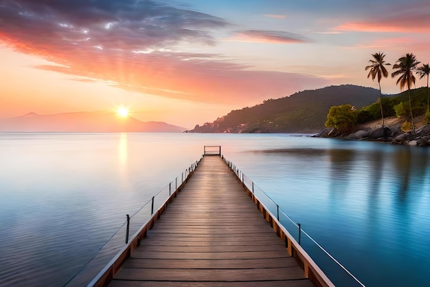 A pier with a sunset in the background