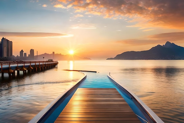 A pier with a view of the ocean and a sunset in the background.