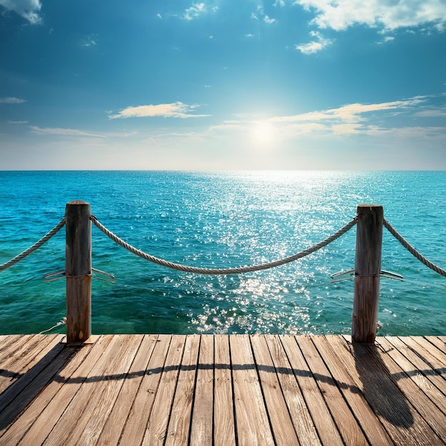 Pier or wooden bridge on a tropical beach with clear sky sun and turquoise water sea scene or beac