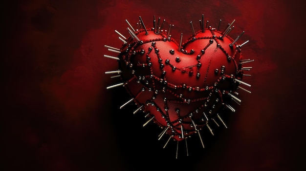 Pierced Red Heart with Pins and Needles Symbolizing Heartbreak and Emotional Pain