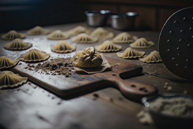 Pierogi in the making on a wooden background