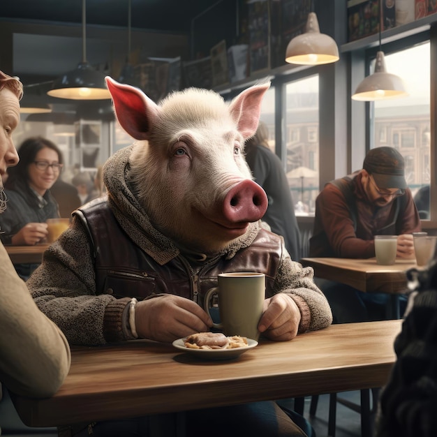 Pig in a cafe with people