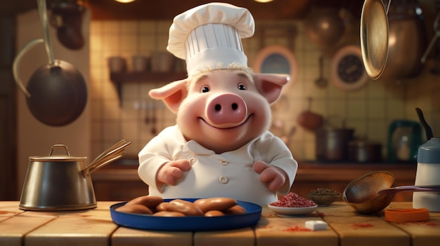 A pig in a chef hat cooking on a table