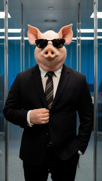 A pig dressing a black suite with sunglasses in a cristal office like a boss