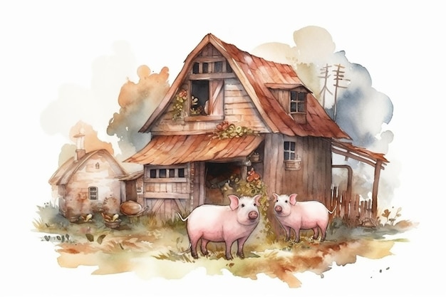 Pig farm in willows character clipart white background